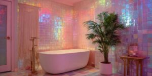 Luxury bathroom with a freestanding bathtub, iridescent tile walls, and warm ambient lighting
