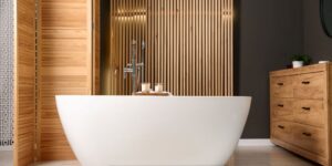 Modern bathroom with a freestanding white bathtub and wood-paneled wall design