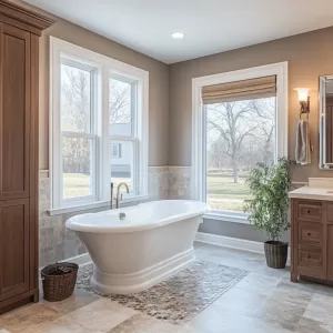 Bathroom remodeling services showcasing a modern bath renovation with new fixtures and tile work