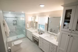 Bathroom renovation featuring a shower upgrade and modernized fixtures