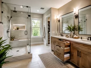 Bathroom remodeling in Ozark, MO with a glass walk-in shower, double vanity, smart drawer storage, built-in shelving, bench seating, and ample natural light.