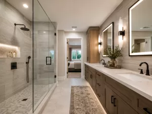 Modern bathroom remodeling in Republic, MO featuring a frameless glass shower, double vanity, warm wood cabinetry, layered lighting, and a spacious layout.
